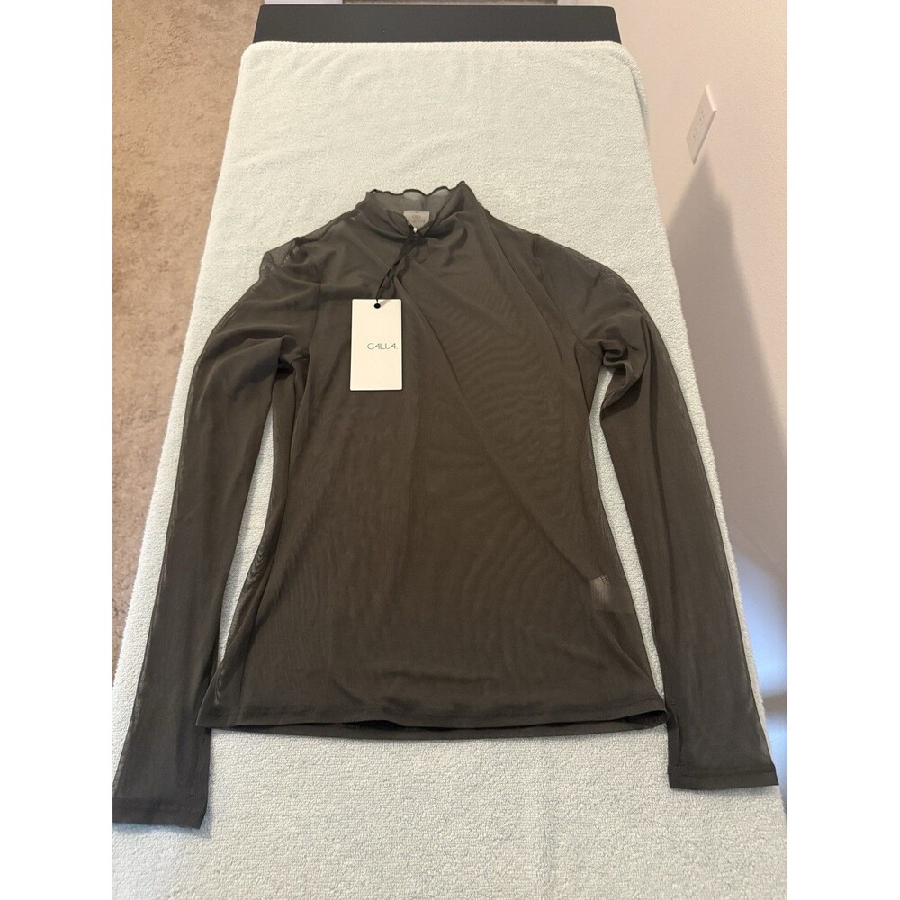 CALIA Draped Funnel Long Sleeve Top Womens Small Ivy Green Mesh NWT $58